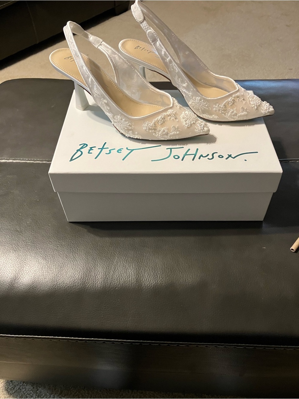 Betsey Johnson Ivory Lace & Beaded Slingback Heels